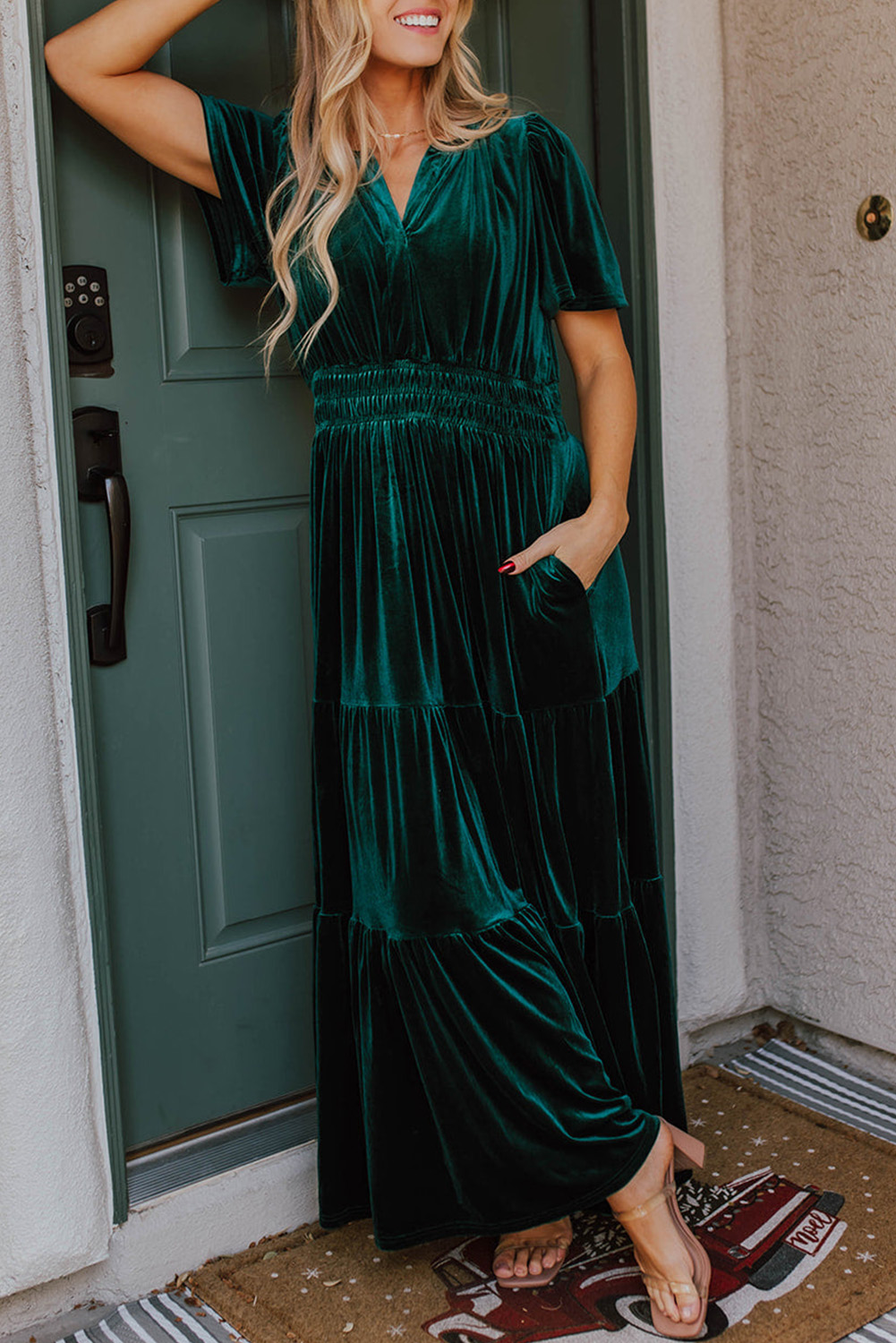 Evergreen VELVET Puff Short Sleeve Smocked Waist Tiered Maxi Dress