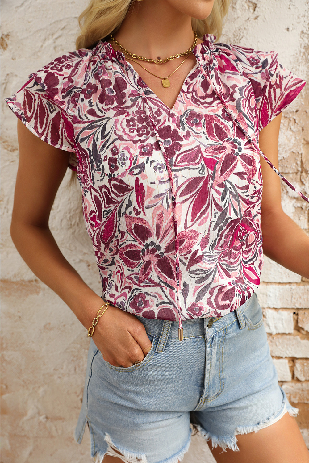 White Floral Ruffled Short Sleeve V Neck Blouse