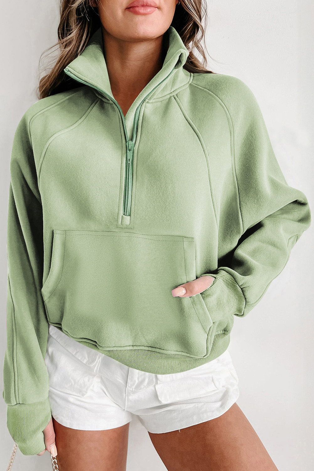 Smoke Green Quarter Zip Stand Neck Kangaroo Pocket Sweatshirt