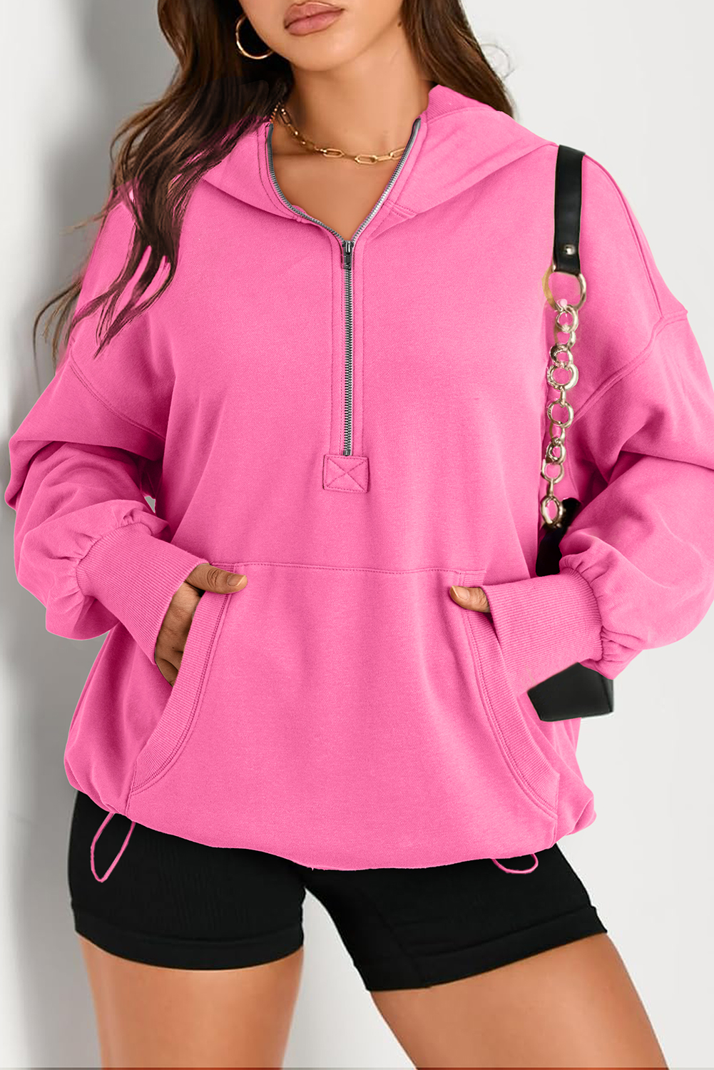 Shewin Wholesale High Quality Bonbon Kangaroo Pocket Half ZIPPER Oversized Hoodie