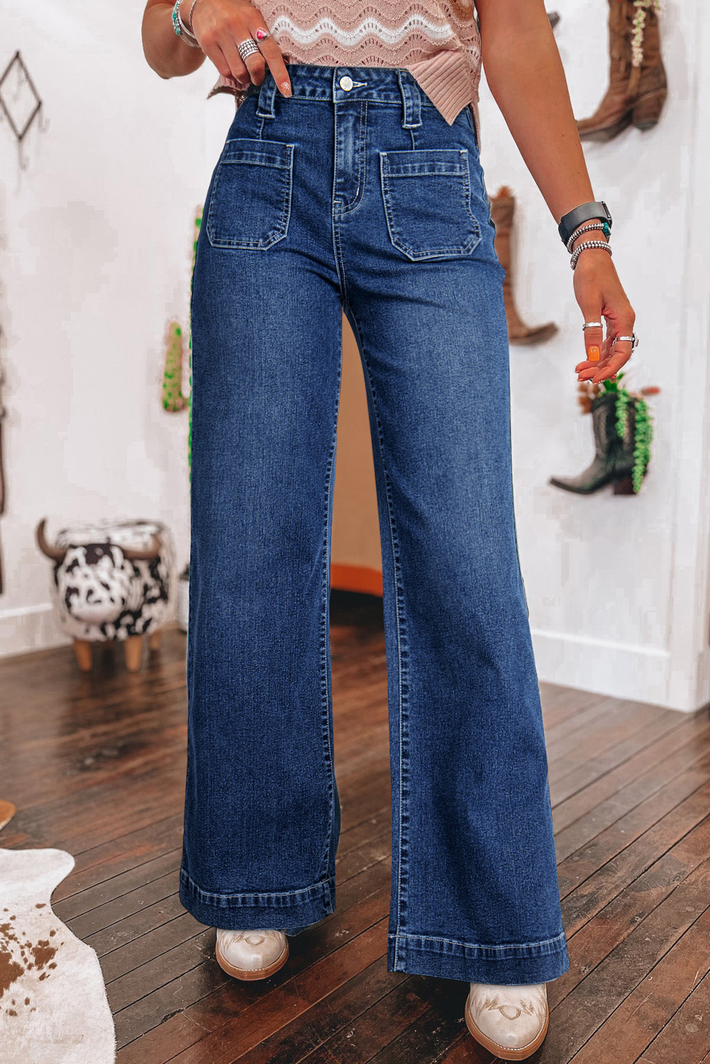 Sail Blue Wide Leg Pocketed High Waist JEANS