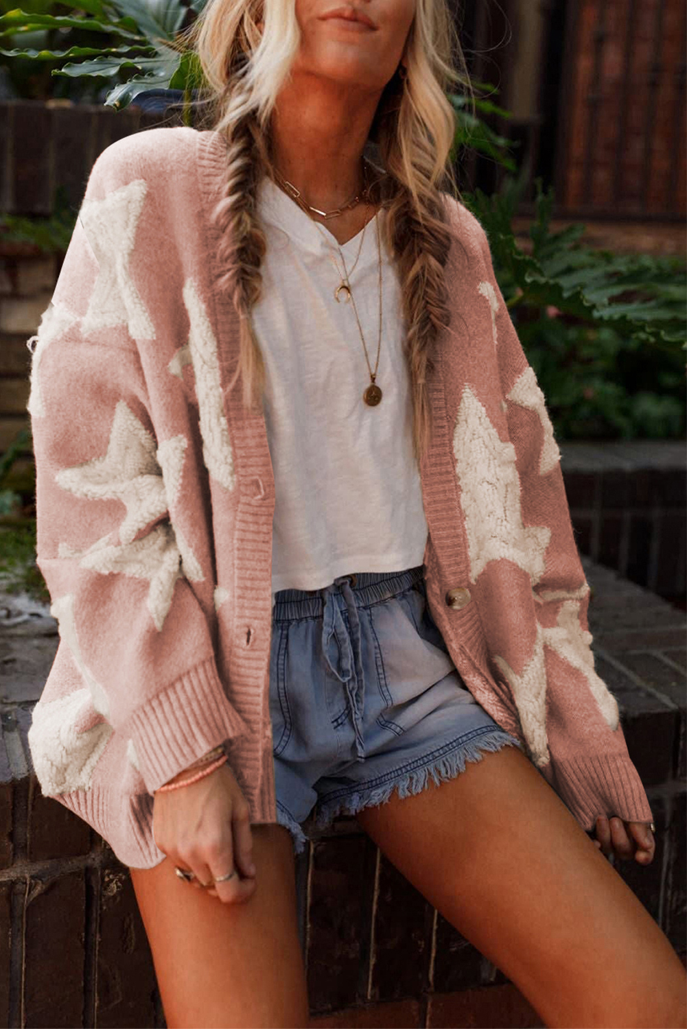 Pink STAR PAttErn PockEts Button Front CArdigAn