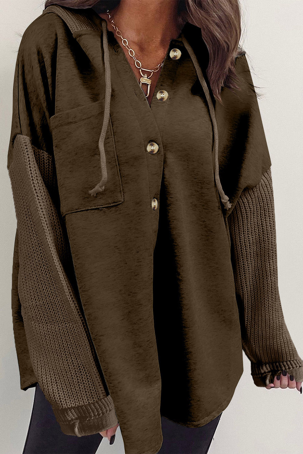 Shewin Wholesale Apparel Dark BROWN Button Up Crochet Knitted Sleeve Hoodie
