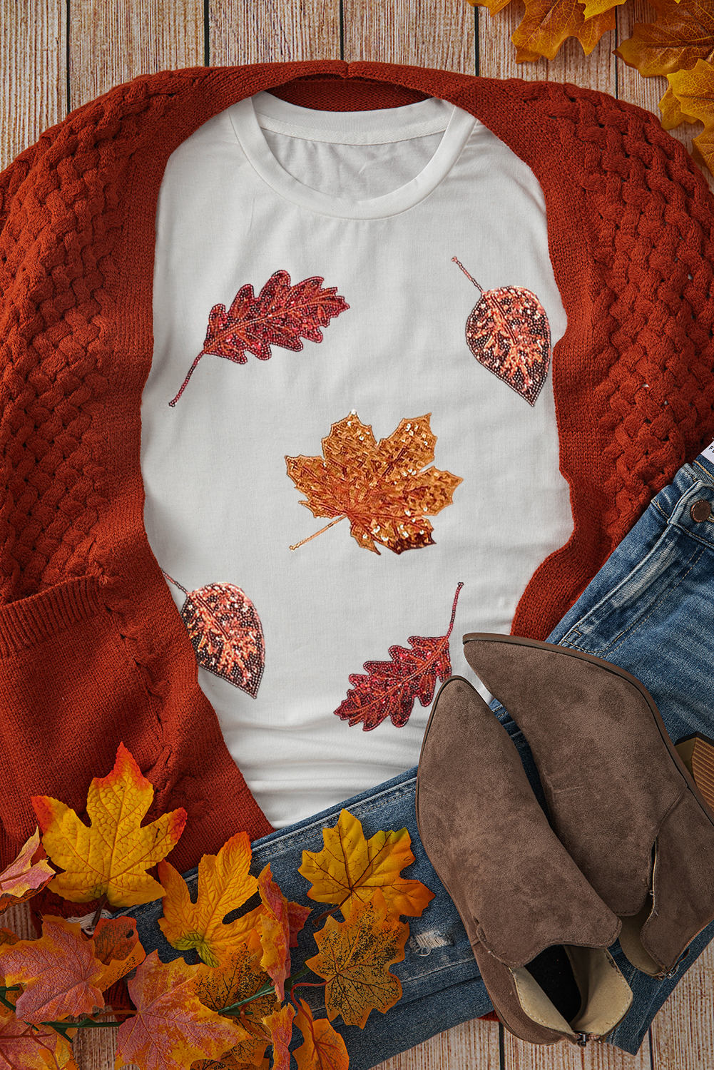 White HALLOWEEN Sequined Leaves Graphic Crew Neck T Shirt