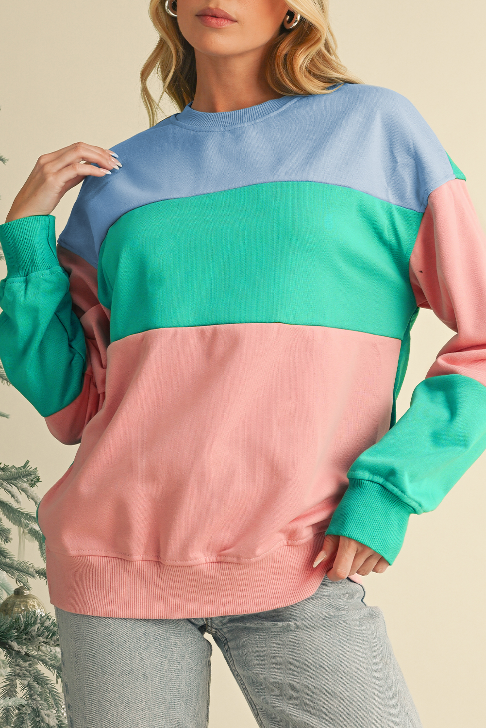 Shewin Dropshippers Blossom Colorblock Drop SHOULDER Sweatshirt