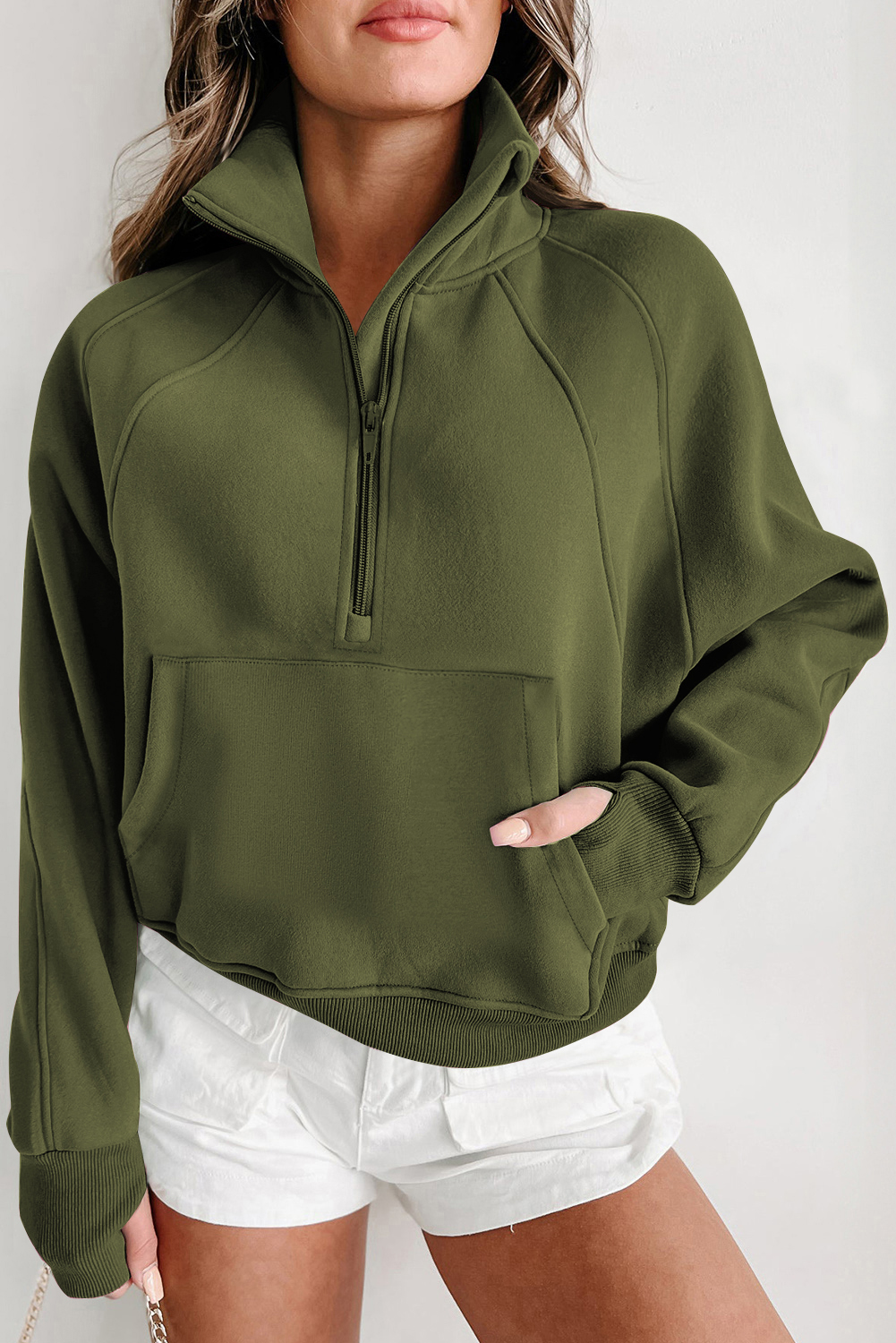 Shewin Wholesale Trendy Green Zip Up Stand Collar Ribbed Thumbhole Sleeve Sweatshirt