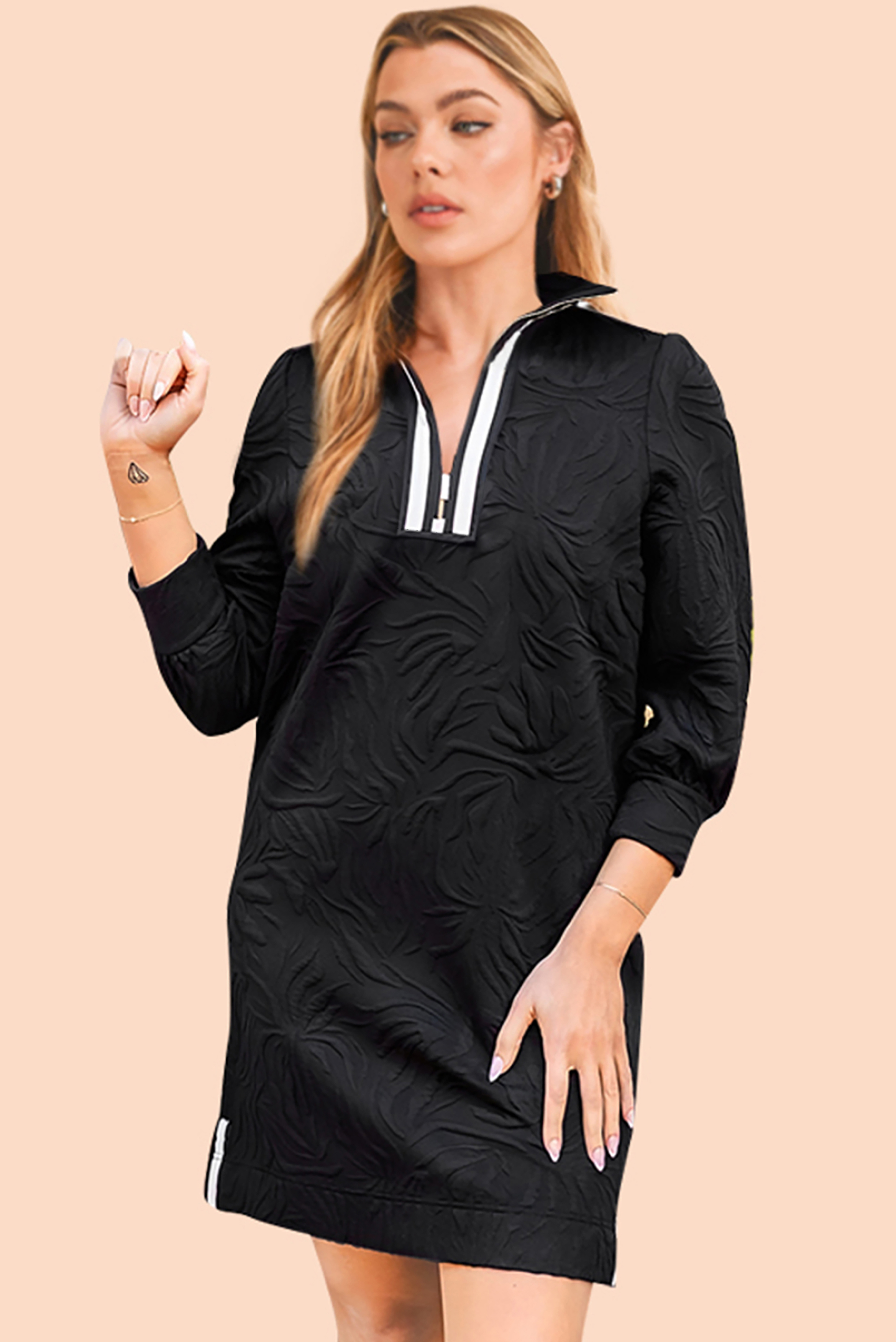 Black Jacquard Textured Quarter ZIPPER Mini Dress