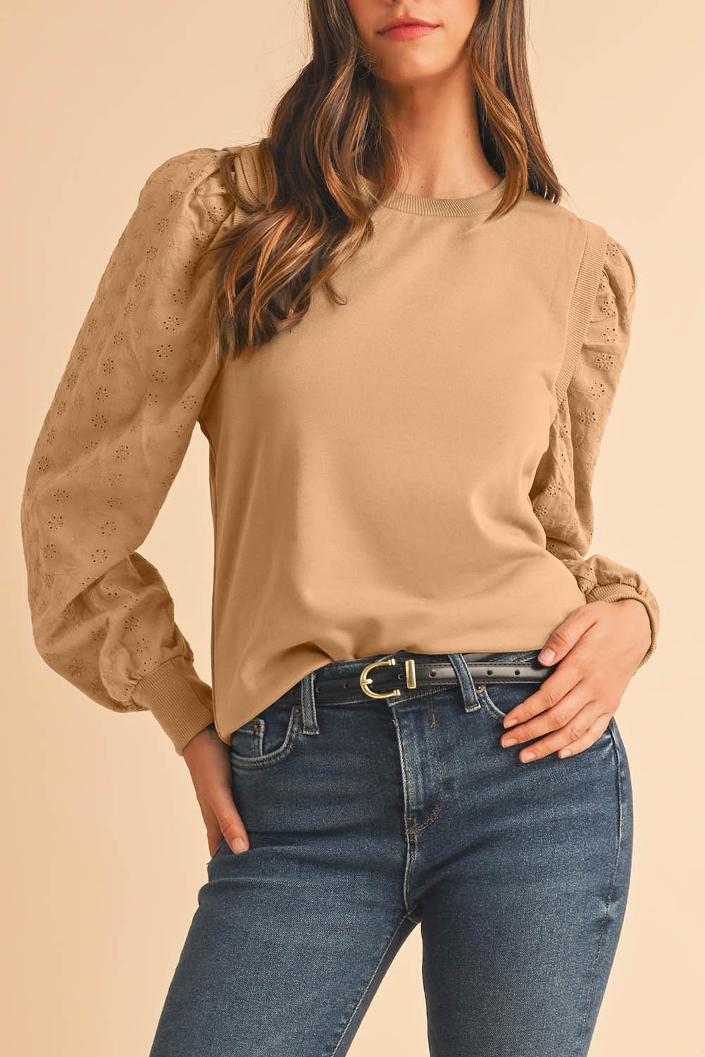 Pale Khaki Eyelet Embroidered Sleeve Patchwork Ribbed Sweatshirt