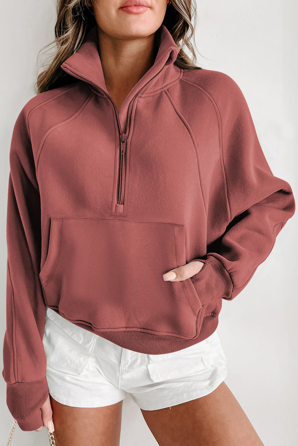 Shewin Wholesale Apparel Brown Zip Up Stand Collar Thumbhole Sleeve SWEATSHIRT