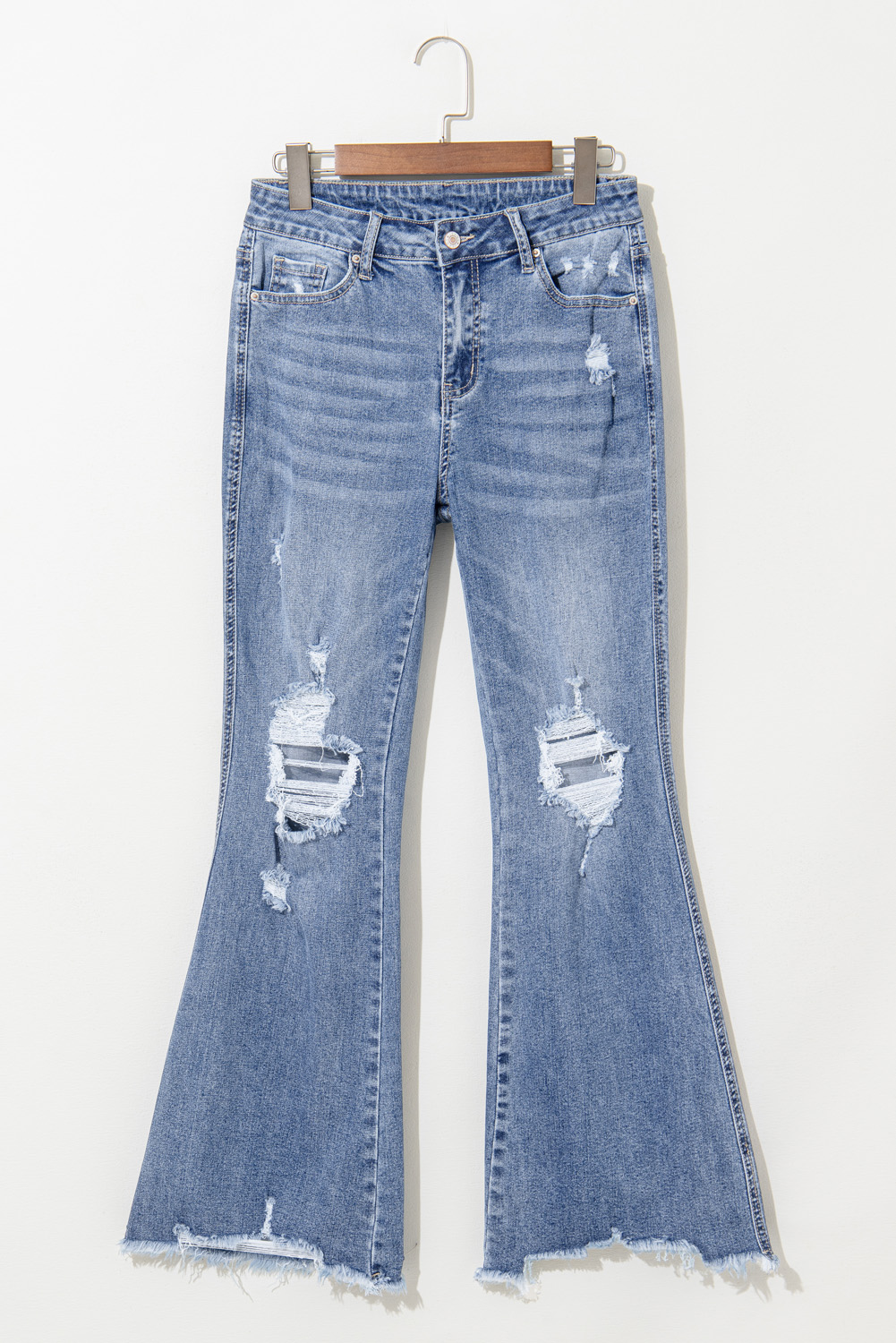 Shewin Wholesale Fashion Dusk Blue High Rise Ripped Distressed Hem Flared JEANS