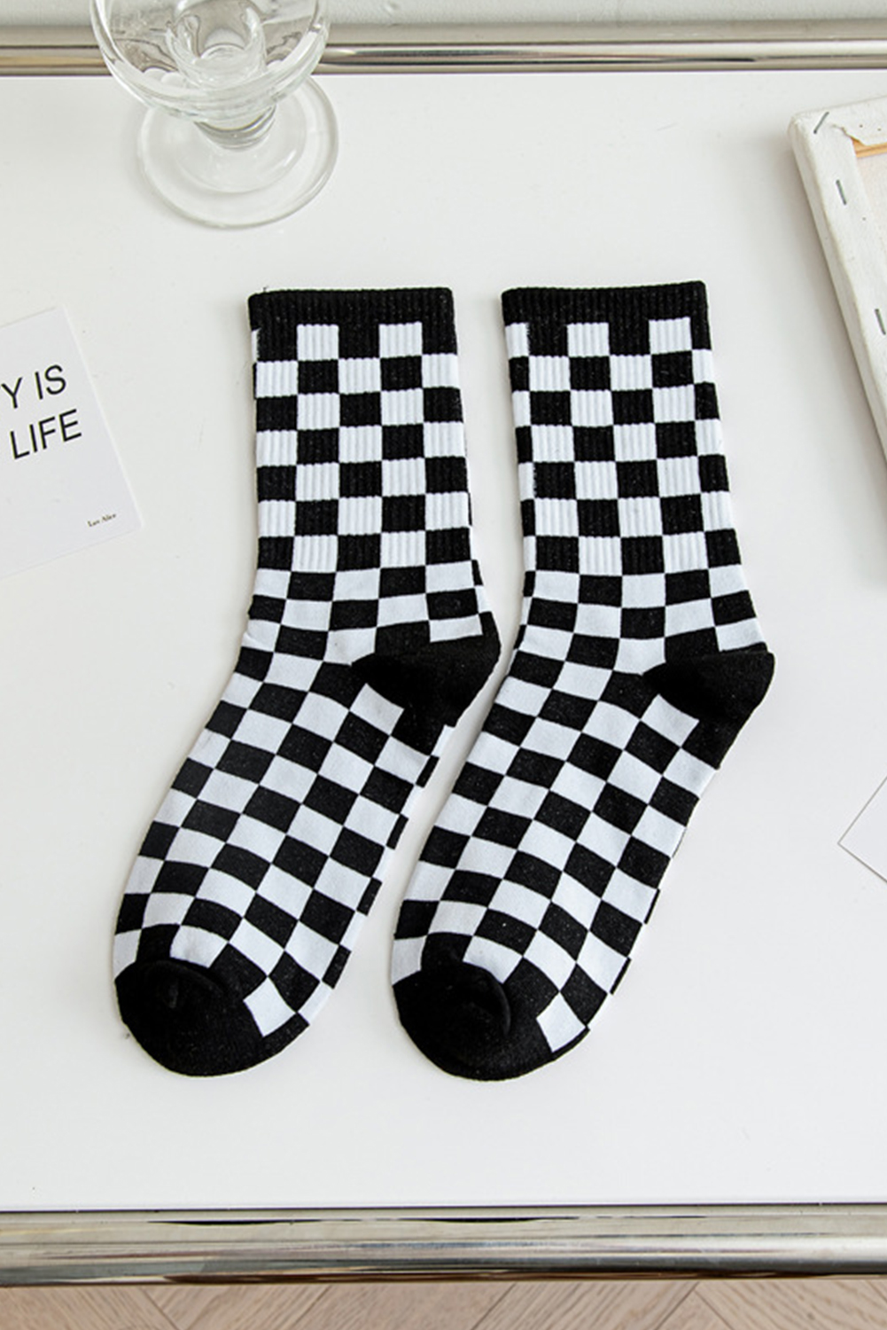 Black Checkerboard Print Cotton SOCKS