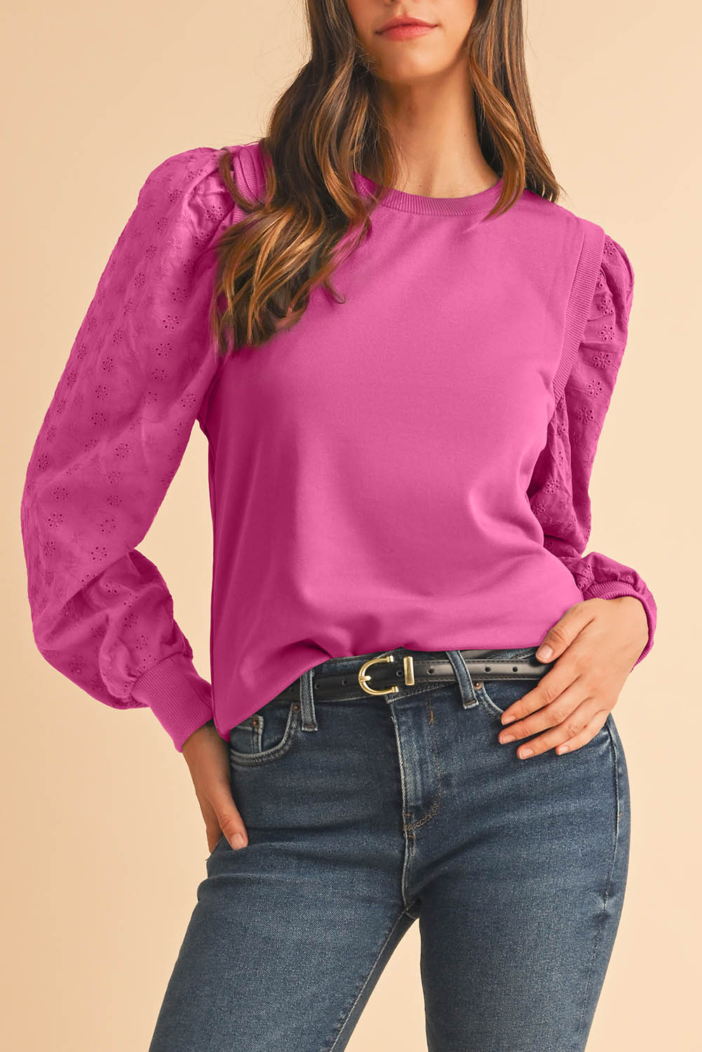 Bright Pink EYELET Embroidered Sleeve Patchwork Ribbed Sweatshirt