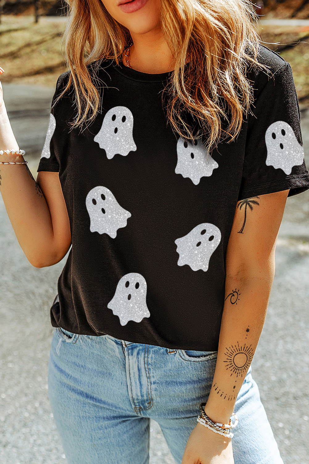 Shewin Wholesale Stores Black Glitter Ghost Pattern Crew Neck HALLOWEEN Graphic T Shirt