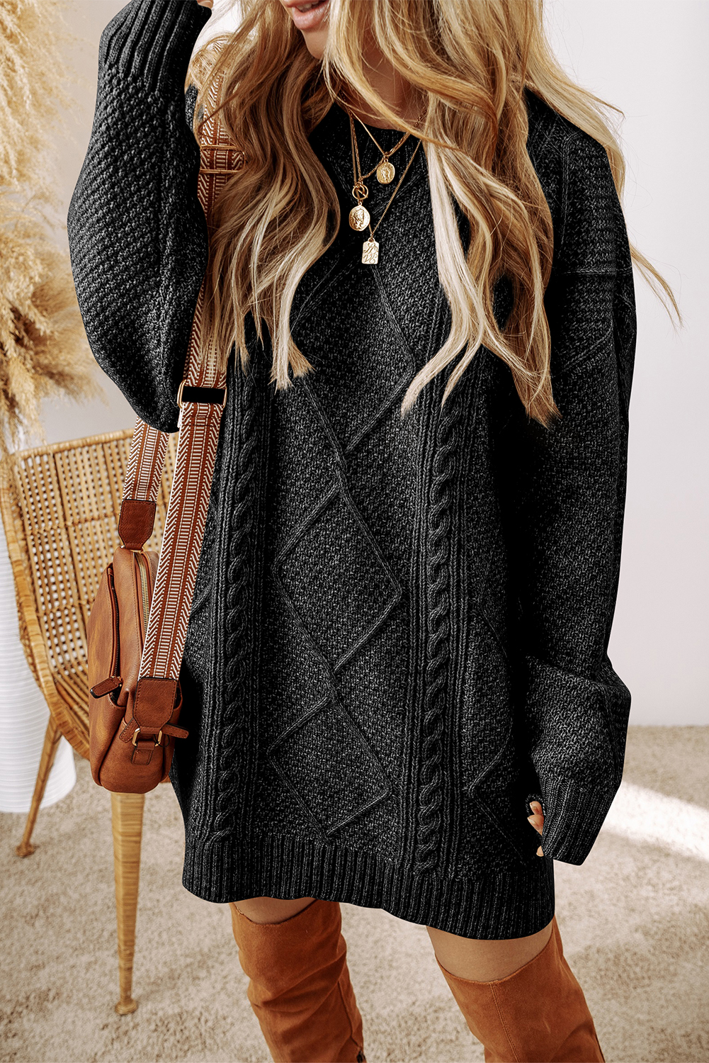 Shewin Wholesale High Quality Black Twist Cable Knit Drop Shoulder Loose Fit Sweater DRESS