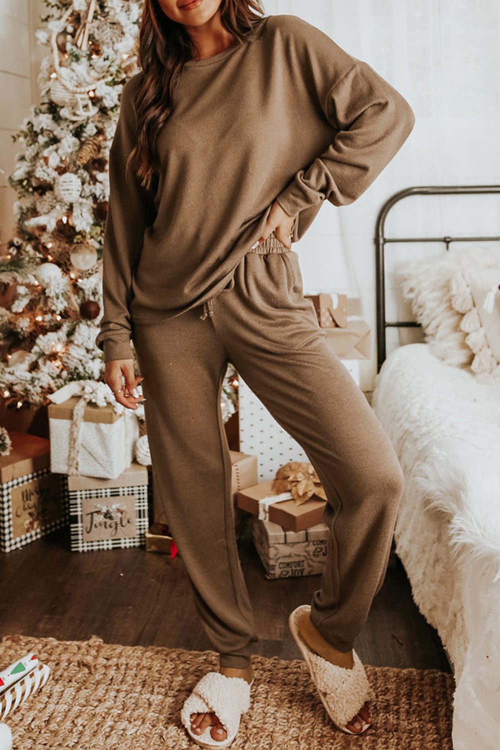 Shewin Wholesale Boutique Khaki Long Sleeve Pullover & Jogger PANTS Loungewear Set