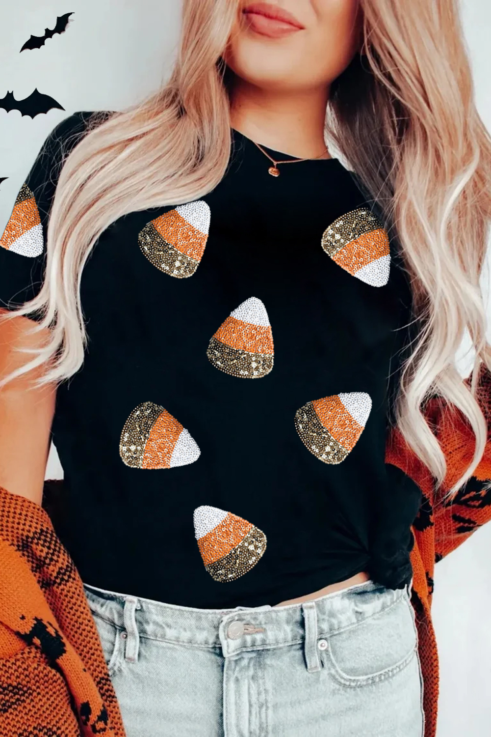 Shewin Wholesale Suppliers Black Funny Sequin CANDY Corn Graphic Tee