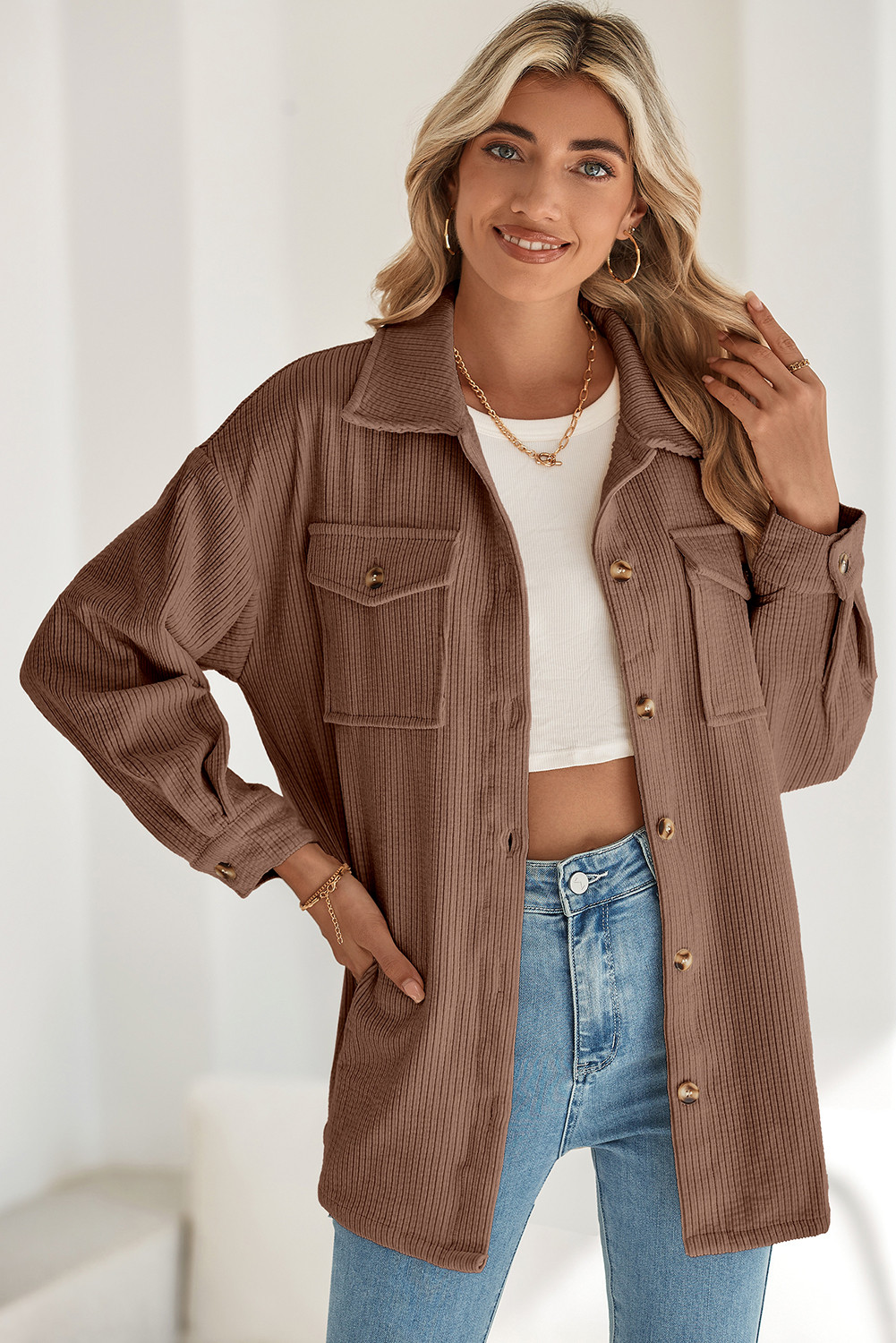 Chestnut Corduroy Flap Pocket Button Up Shacket