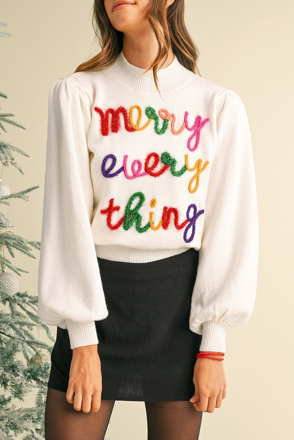 White Colorful Tinsel Merry Every Thing Graphic Mock Neck Sweater
