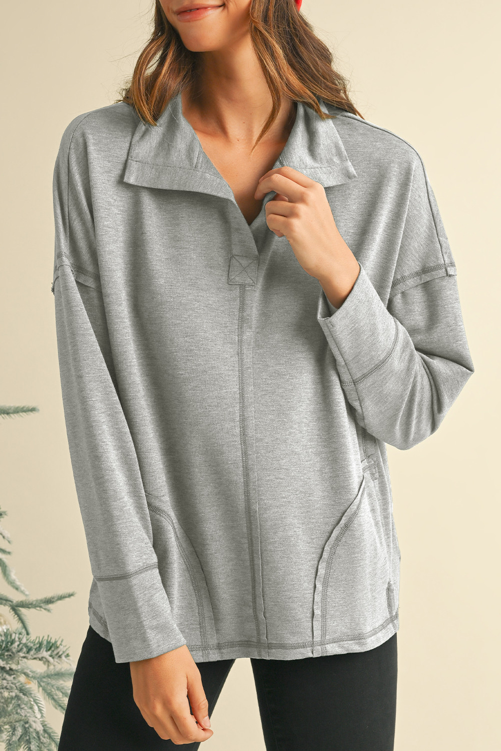 Light Grey Exposed Seam Collared Pocketed Loose Sweatshirt