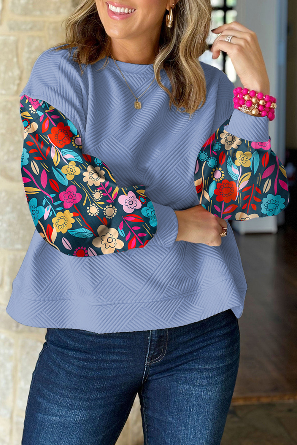 Sky Blue Vintage Flower Patchwork Sleeve Textured Top