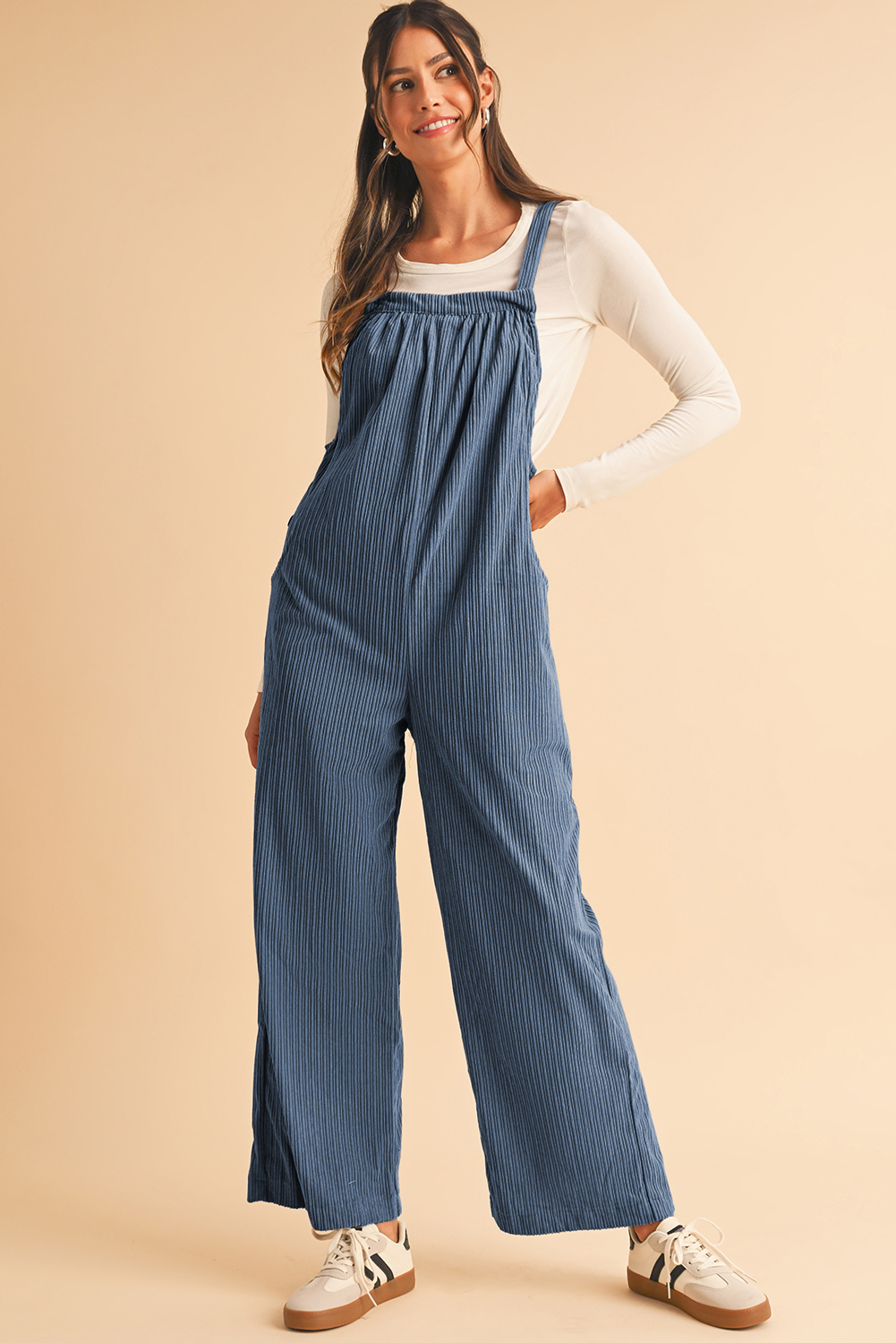 Shewin Wholesale NEW arrival Real Teal Plain Pocketed Loose Fit Corduroy Overalls