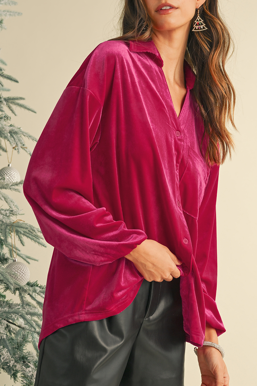 Pitaya Pink VELVET Buttoned V Neck Chest Pocket Shirt