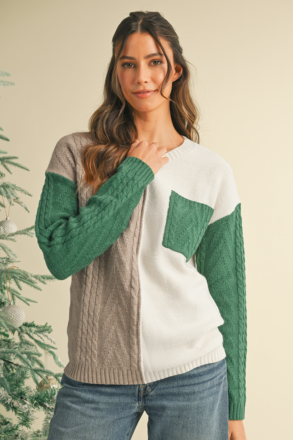 Shewin Wholesale Customized Vineyard Green Colorblock Pocket Drop Shoulder SWEATER