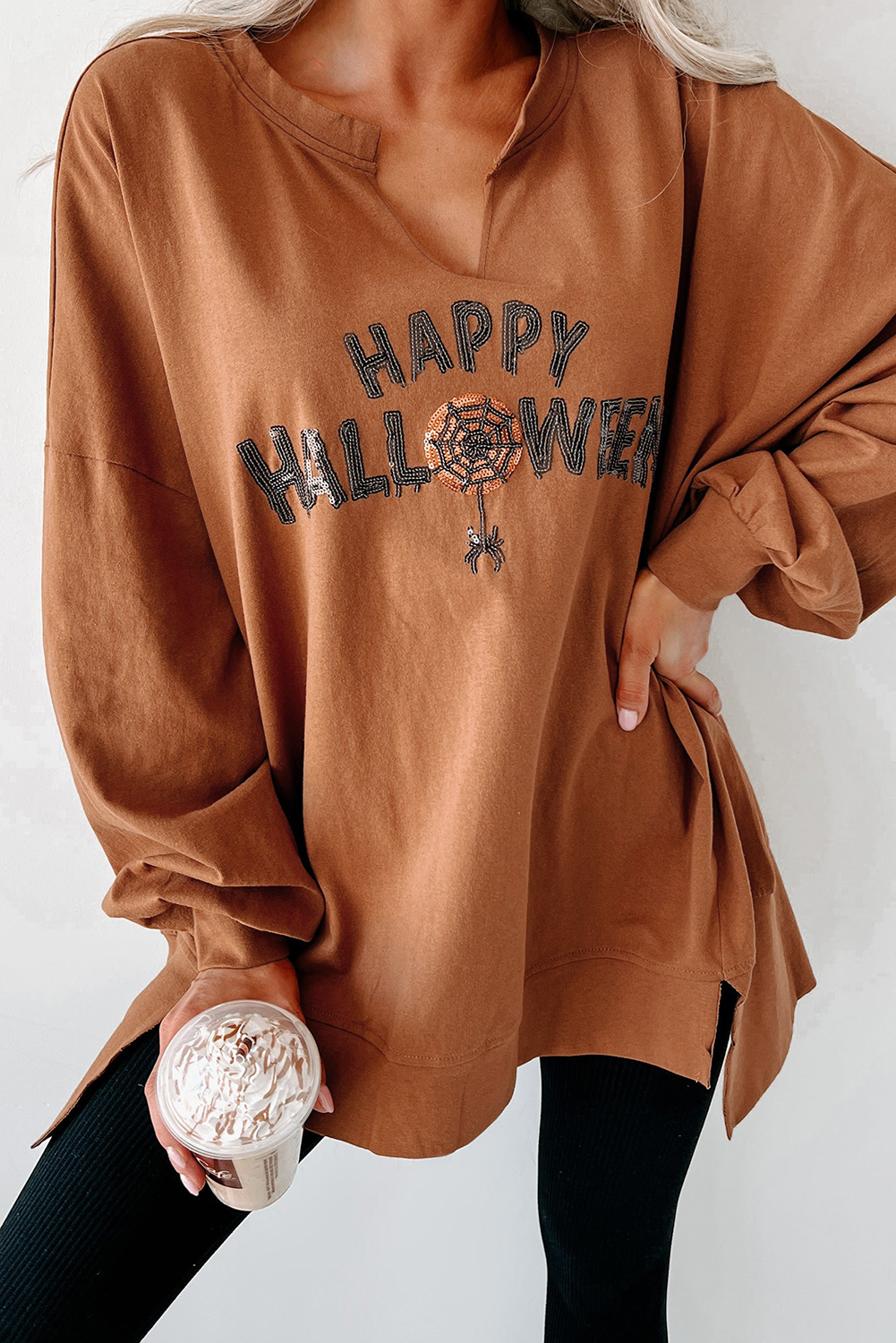 Shewin Wholesale Cheap Chestnut Sequin Happy HALLOWEEN Graphic Notched Neck Loose Top