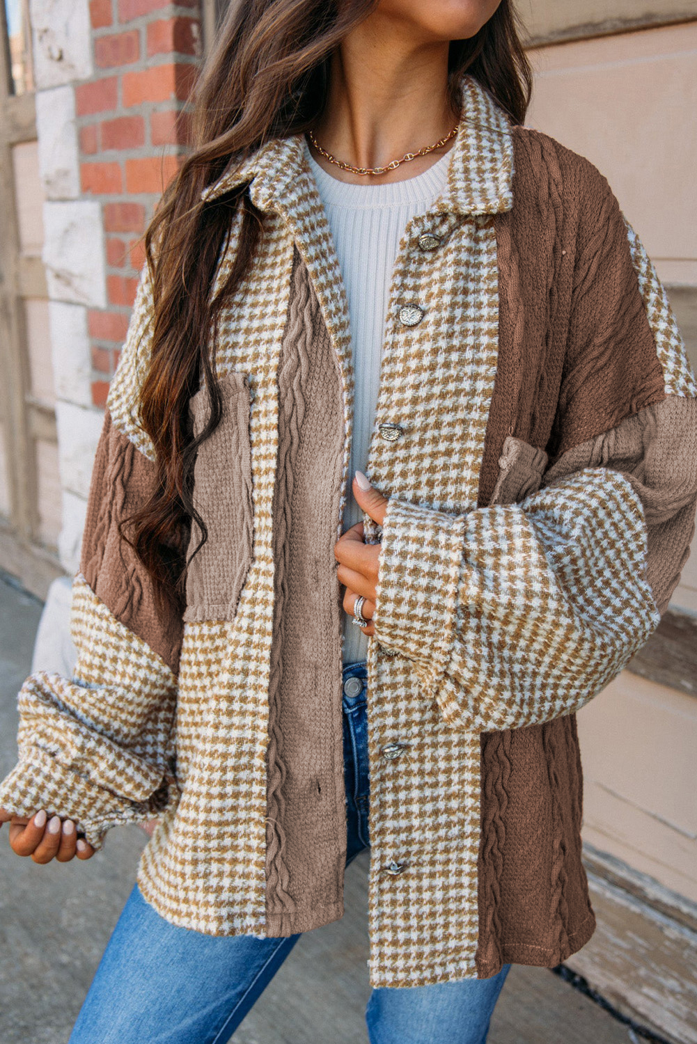 Shewin Wholesale CHIC Women Khaki Houndstooth Textured Patchwork Loose Shacket
