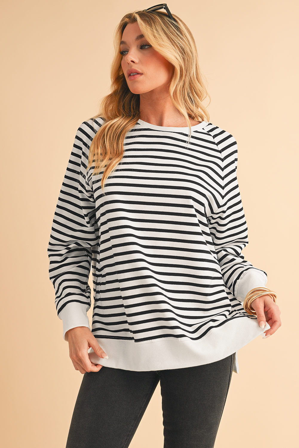 Shewin Dropship Black Stripe Raglan Sleeve Loose Split SWEATSHIRT