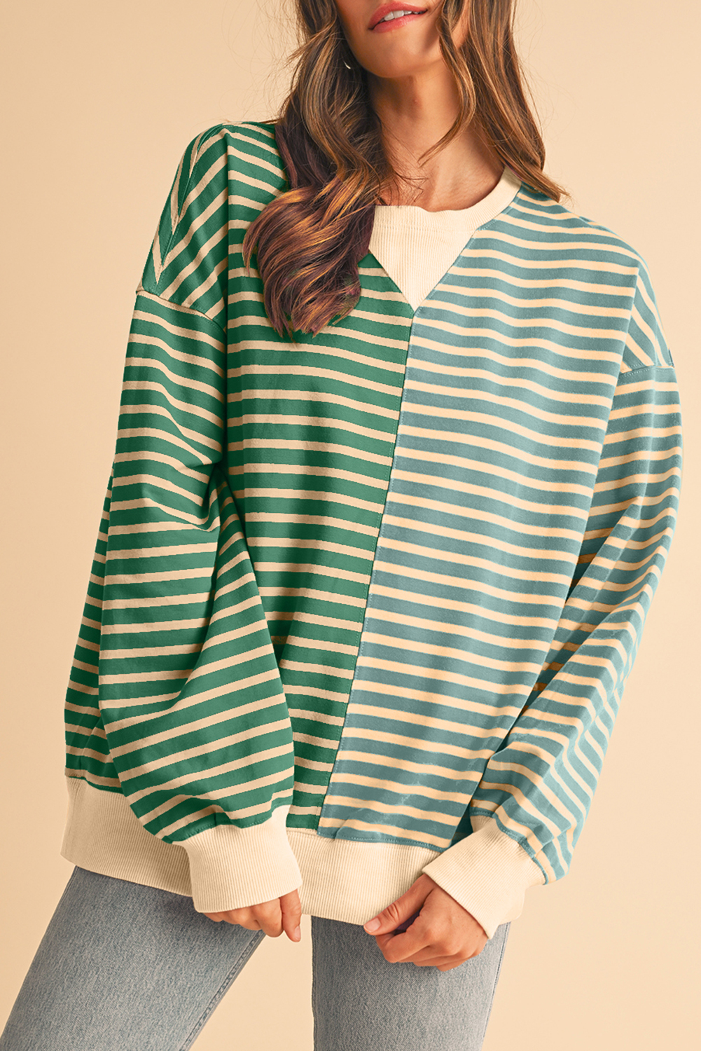 Shewin Dropship Green Stripe Colorblock Drop SHOULDER Oversized Sweatshirt