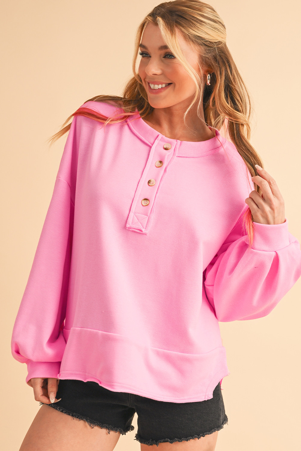 Sachet Pink Plain Drop Sleeve Henley Sweatshirt