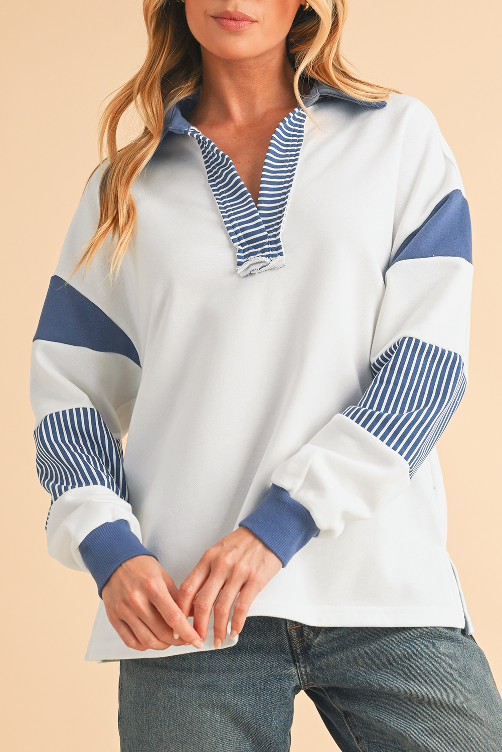 Shewin Wholesale Customized Dark Blue Striped Patchwork Collar SWEATSHIRT