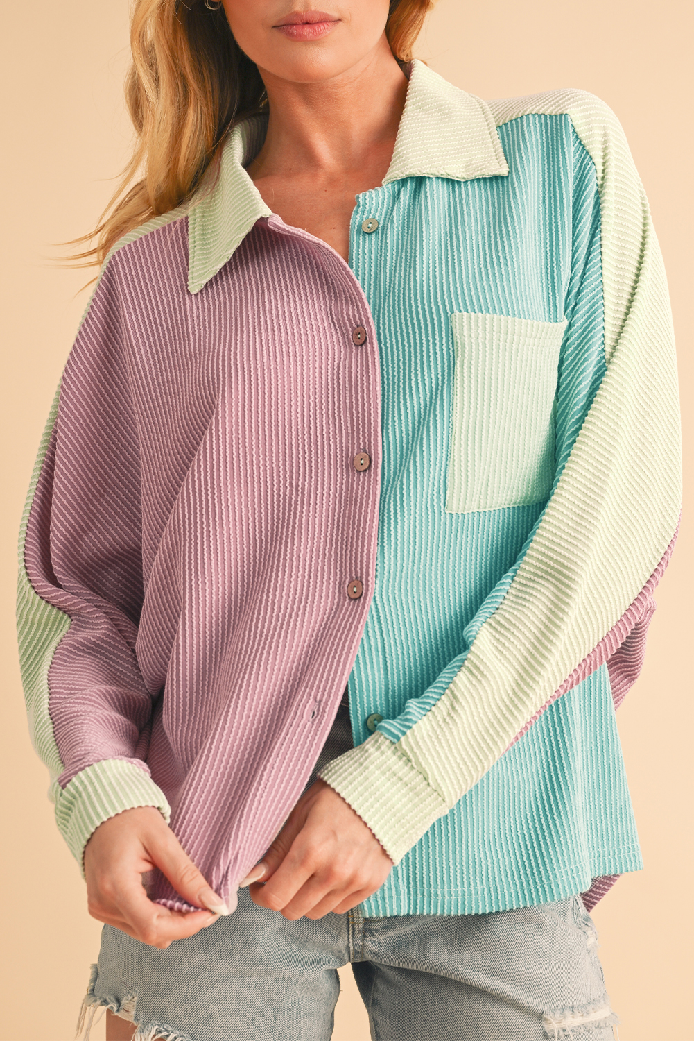 Shewin Wholesale NEW arrival Phalaenopsis Color Block Crinkle Rib Buttoned Oversized Shirt