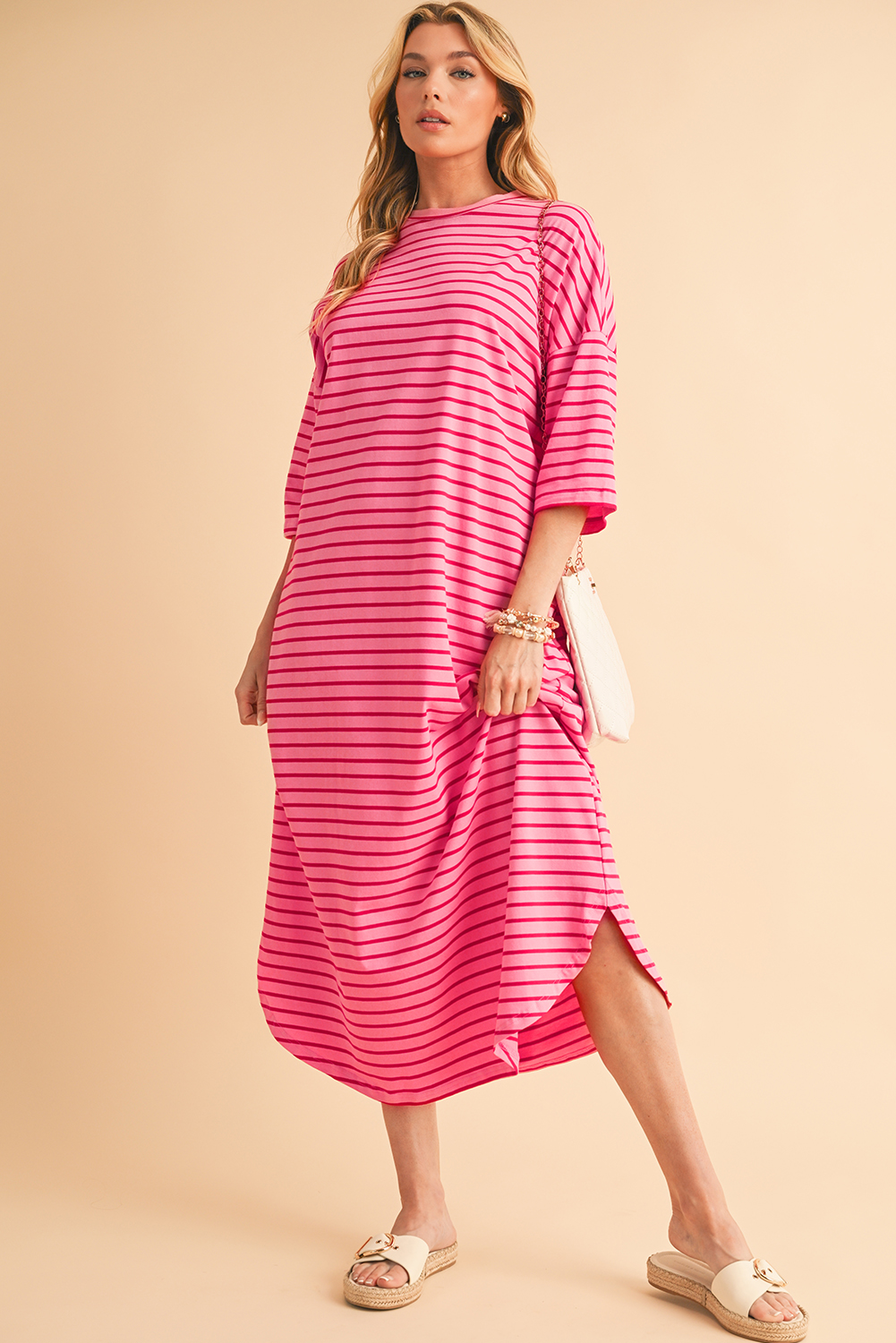 Shewin Wholesale Stores Strawberry Pink Striped Drop Sleeve Loose DRESS