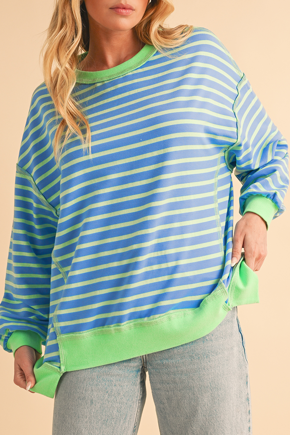 Shewin Wholesale Customized Sky Blue Stripe Contrast Trim High Low Tunic SWEATSHIRT