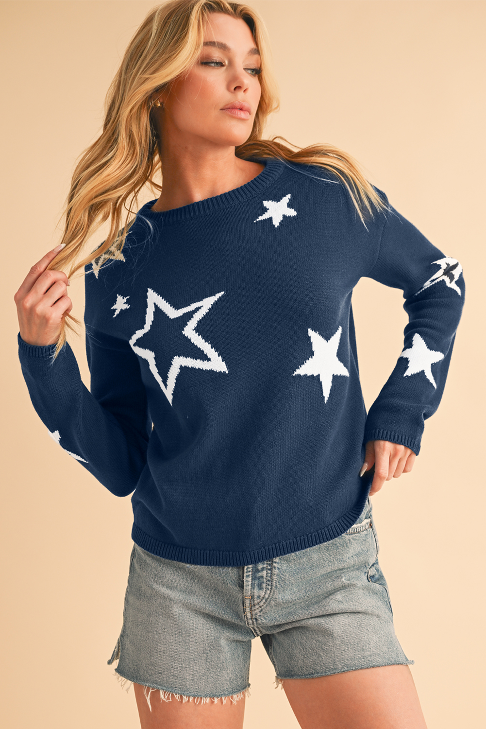 Shewin Wholesale Chic LADY Sail Blue Star Print Drop Sleeve Cable Knit Sweater