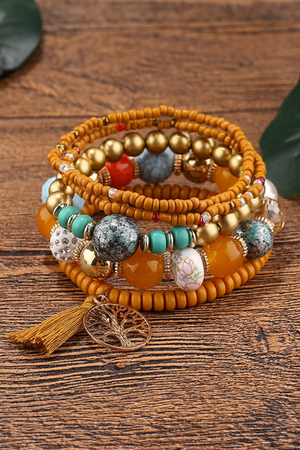 Chestnut Bohemian Tree Pendant Beaded Bracelet Set