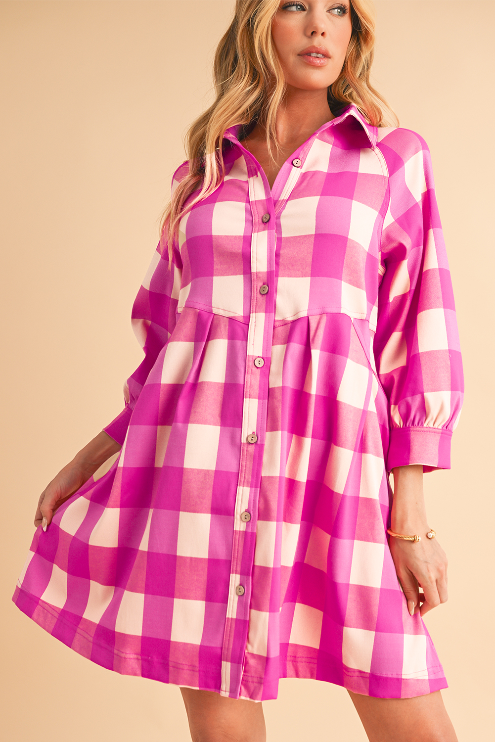 Shewin Wholesale Bulk Rose Red Hidden Pocket Plaid Button Down Shirt DRESS