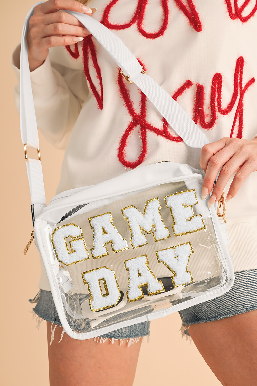 White Chenille GAME DAY Pattern Clear BAG