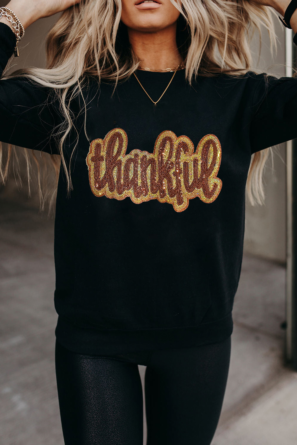 Shewin Wholesale Trendy Black thankful Print SEQUIN Graphic Sweatshirt