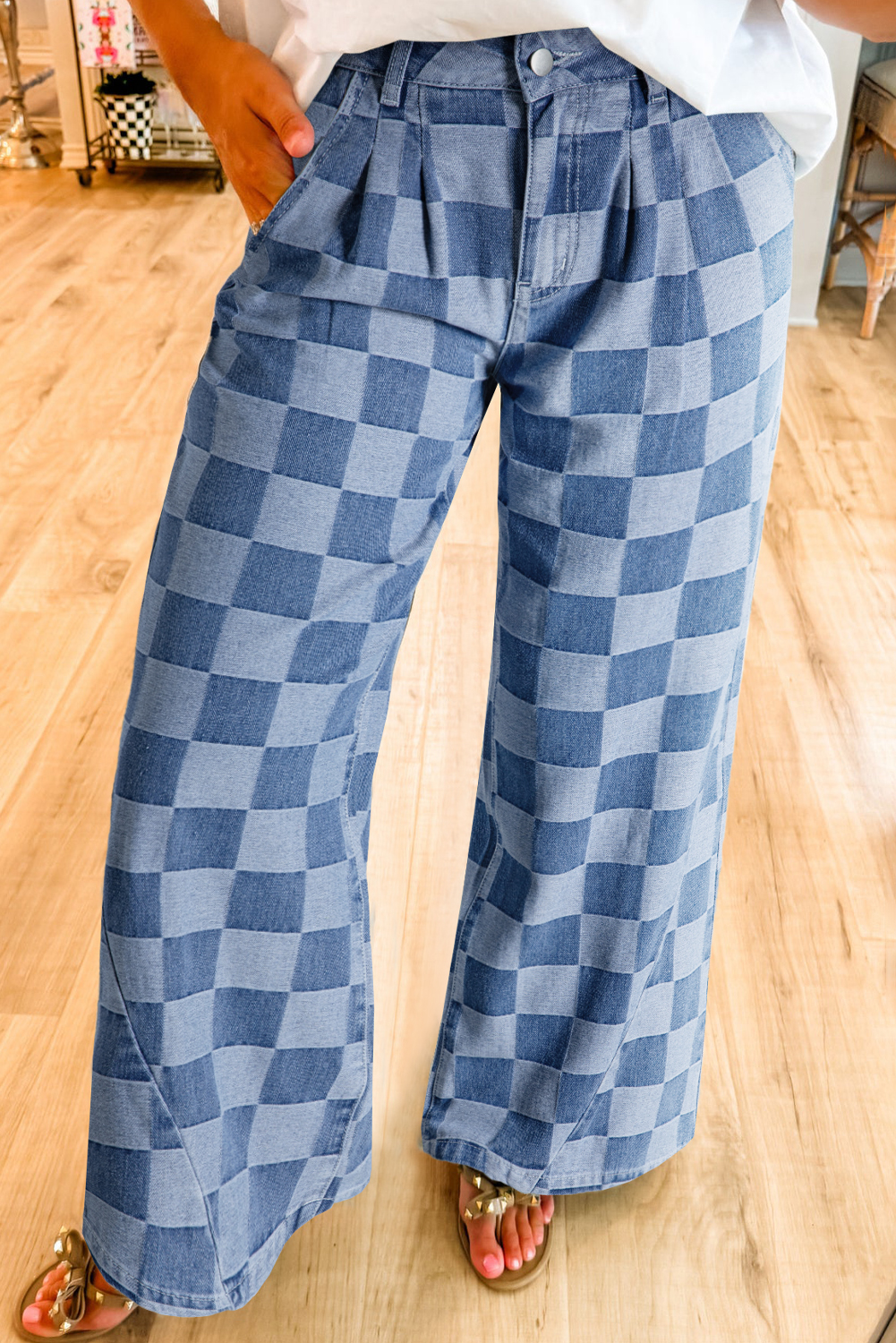 Shewin Dropshippers Dusk Blue Checkered Light Washed Wide Leg JEANS