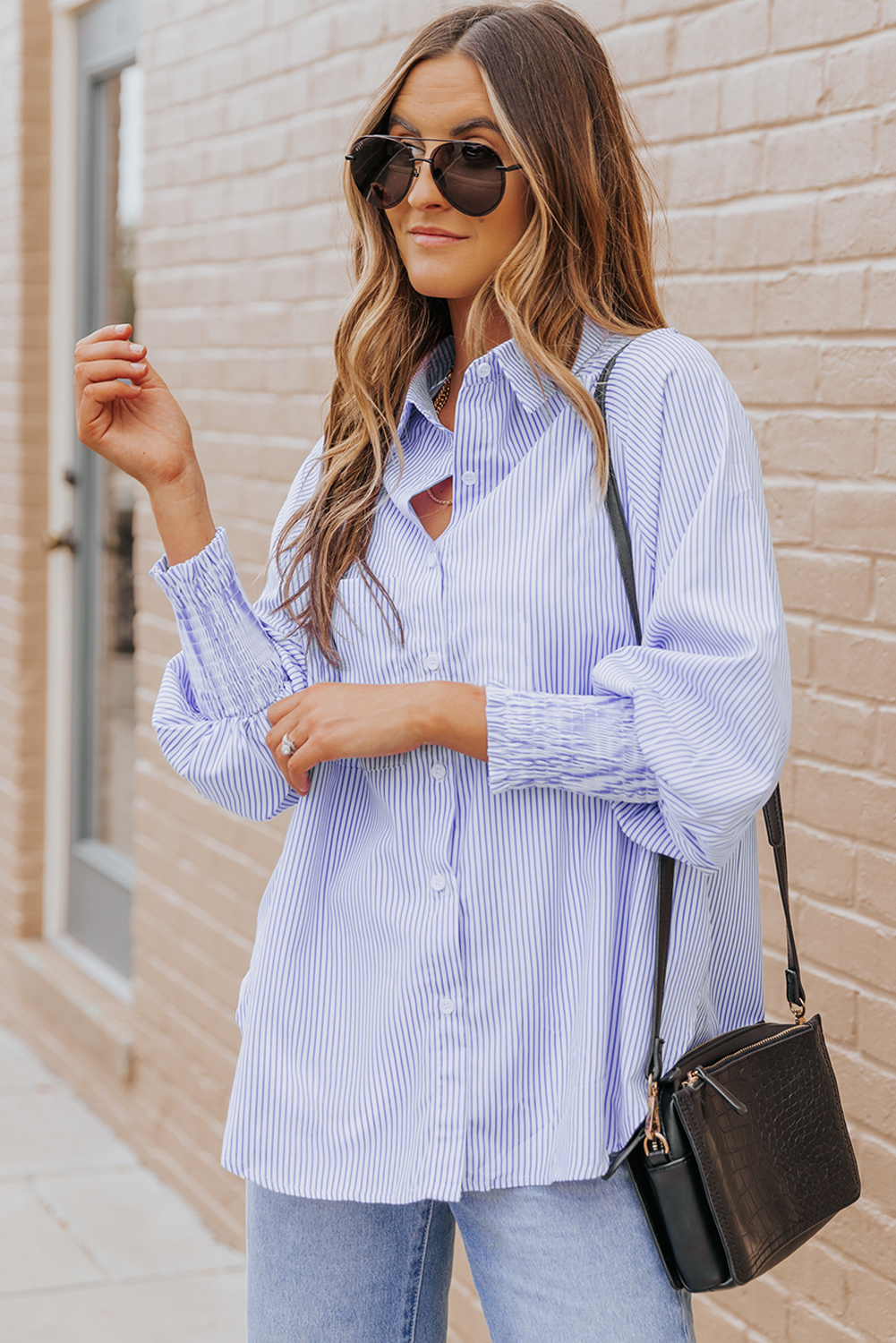 Shewin Wholesale Clothing Light Blue Casual Striped Shirred Cuffs SHIRT