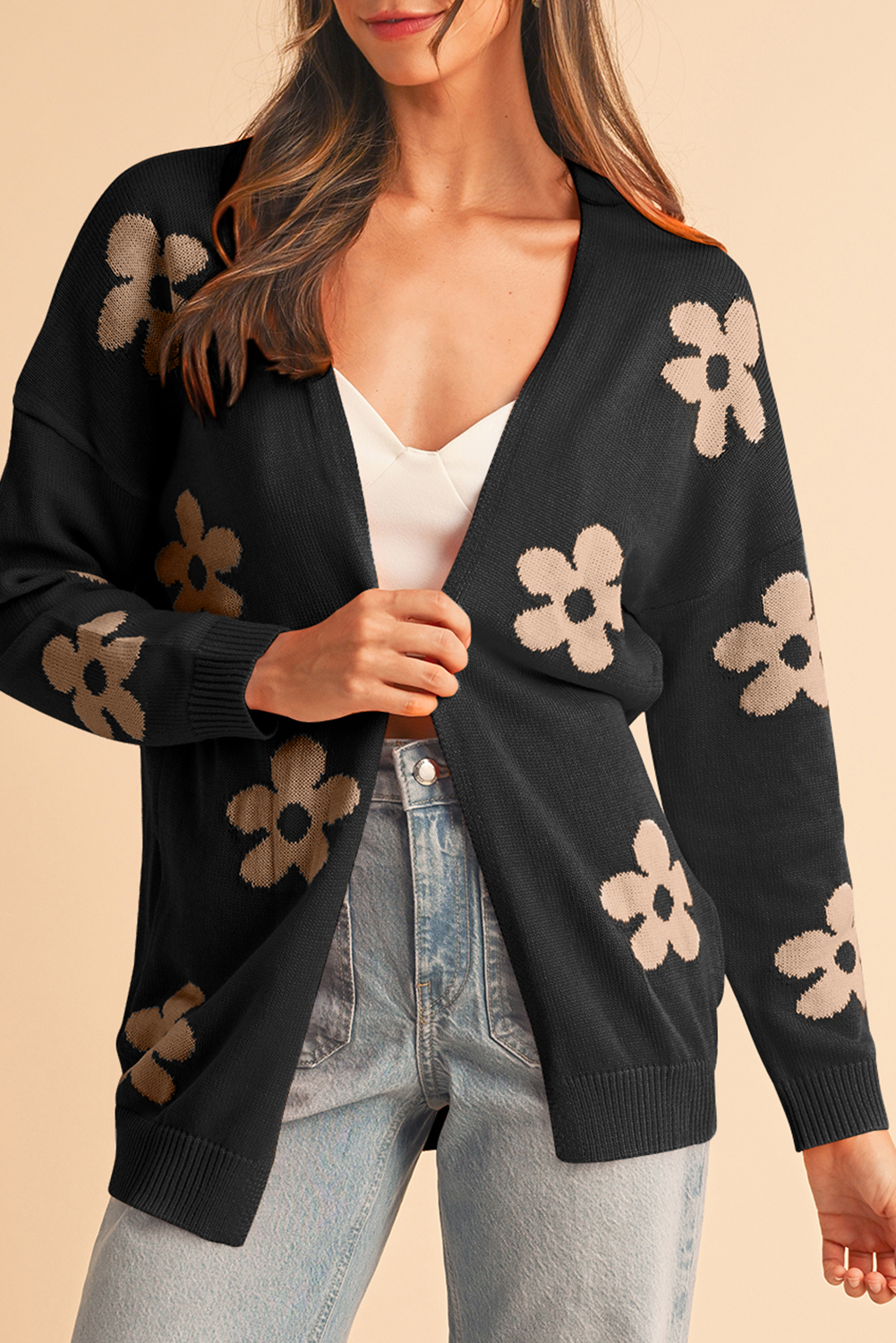 Shewin Wholesale Chic Women Black 60s VINTAGE Flower Drop Shoulder Cardigan