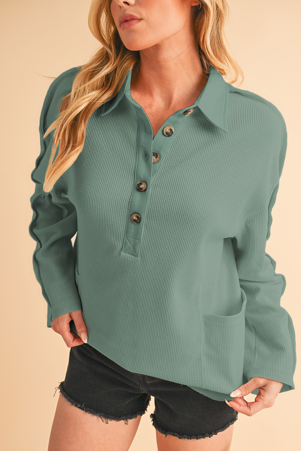 Shewin Wholesale CLOTHING Smoke Green Waffle Patchwork Drop Sleeve Henley Top