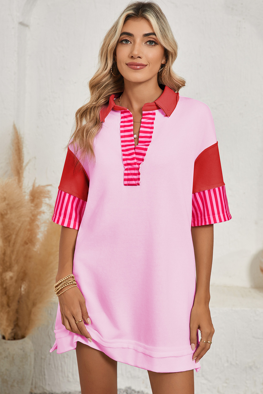 Pink Stripe Colorblock Sleeve Collared Pop of Color Neckline Dress