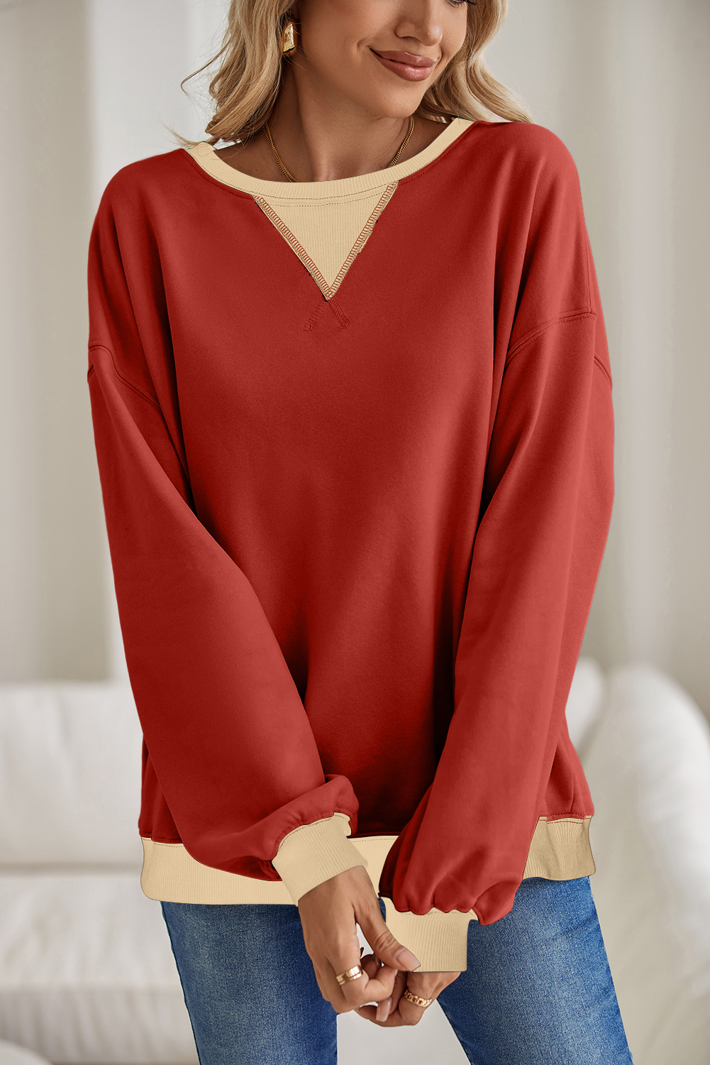 Shewin Wholesale Chic Lady Red Clay Color Block Drop Shoulder Crewneck Oversized Sweatshirt