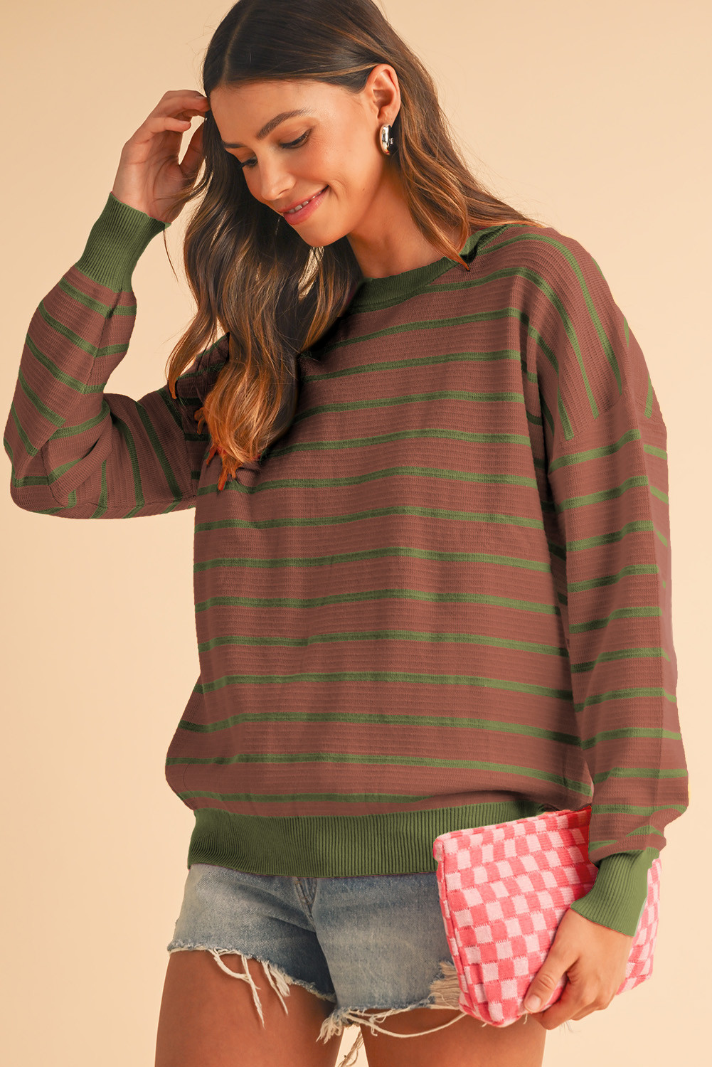 Shewin Wholesale CHIC Women Brown Stripe Round Neck Drop Shoulder Loose Sweater