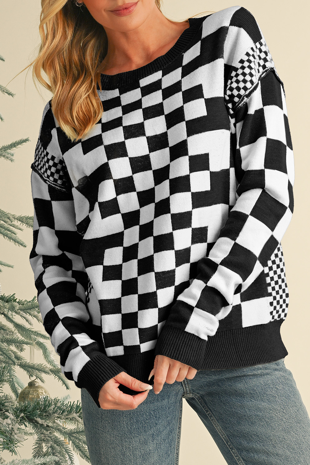 Shewin Dropship Black Checkered Drop SHOULDER Round Neck Sweater