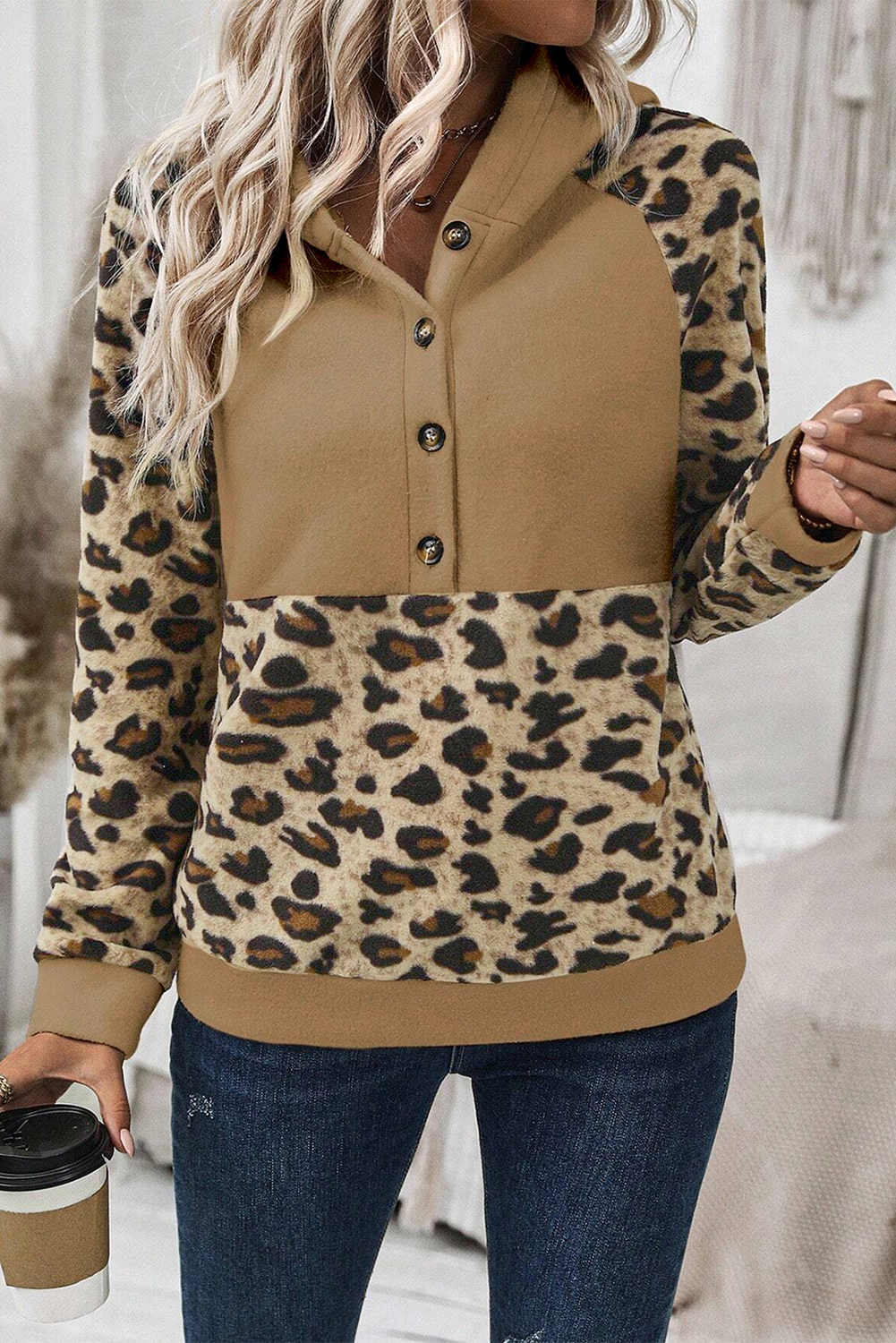 Shewin Wholesale Casual Light Beige Leopard Patchwork Raglan Sleeve Half Buttons Hoodie